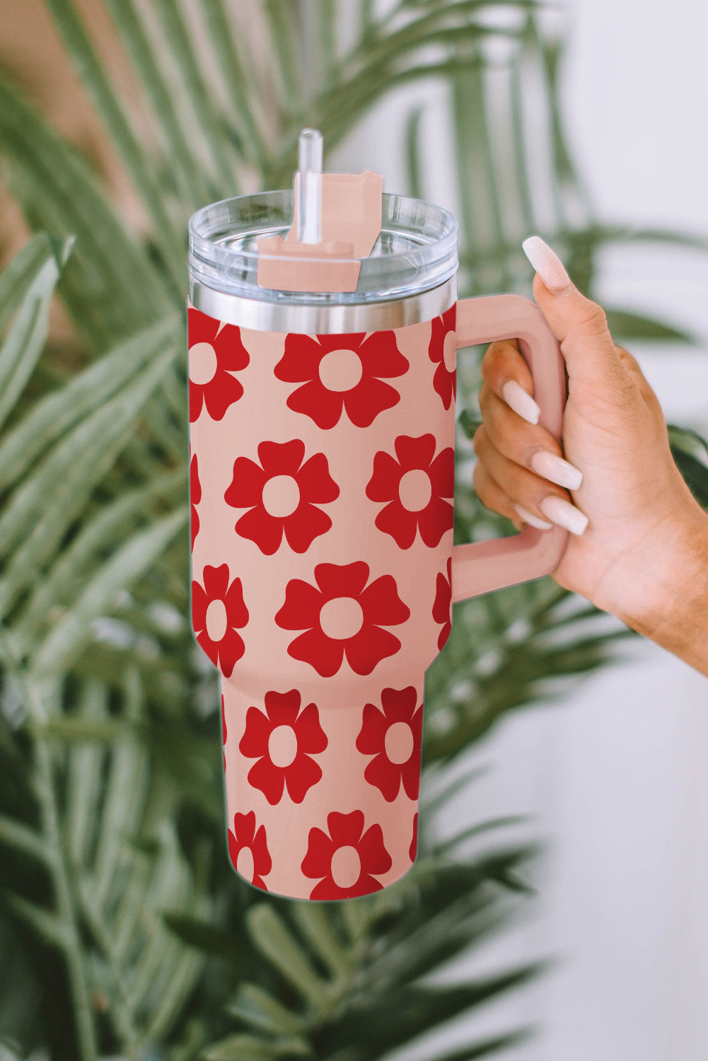 Red Flower Print Stainless Steel Water Bottle with Handle Tumblers JT's Designer Fashion