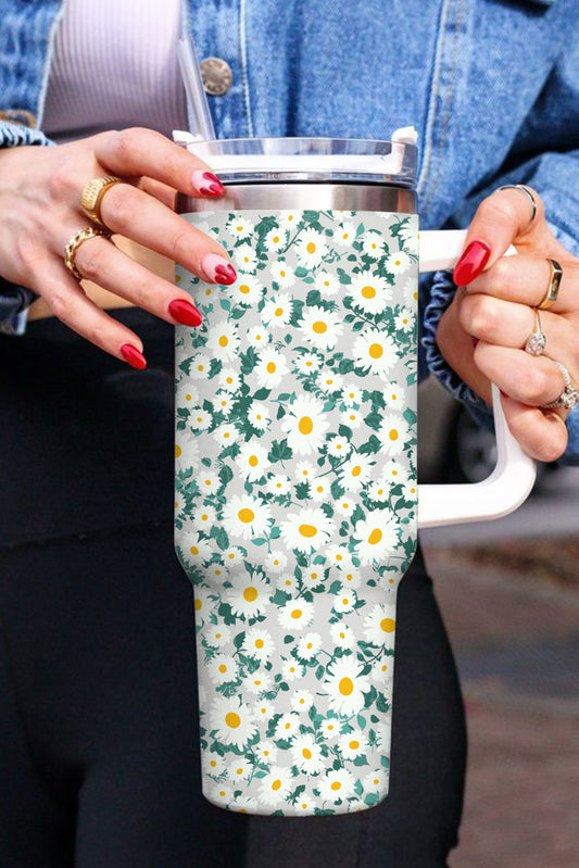 Mint Green Daisy Print Handled Stainless Steel Vacuum Cup Tumblers JT's Designer Fashion