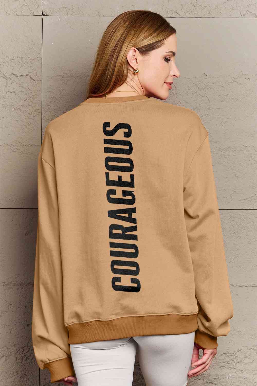 Simply Love Full Size COURAGEOUS Graphic Sweatshirt Caramel Graphic Sweatshirts JT's Designer Fashion