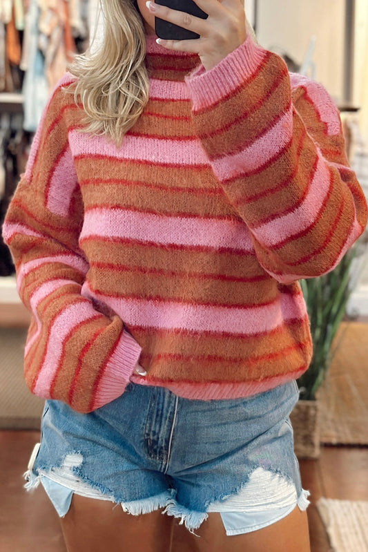 Pink Striped Knit High Neck Drop Shoulder Sweater Pre Order Sweaters & Cardigans JT's Designer Fashion