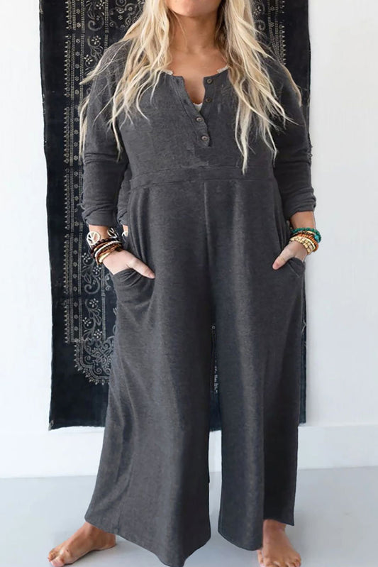 Dark Grey Plus Size Button Front Wide Leg Long Sleeve Jumpsuit Plus Size JT's Designer Fashion