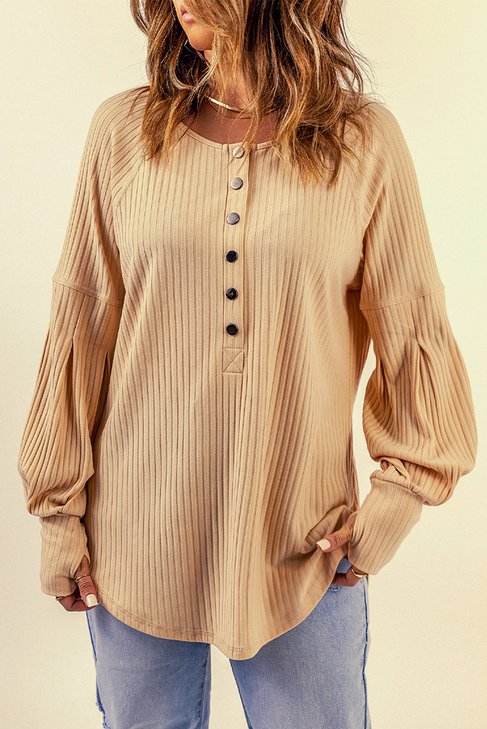 Apricot Ribbed Textured Thumbhole Puff Sleeve Pullover Long Sleeve Tops JT's Designer Fashion