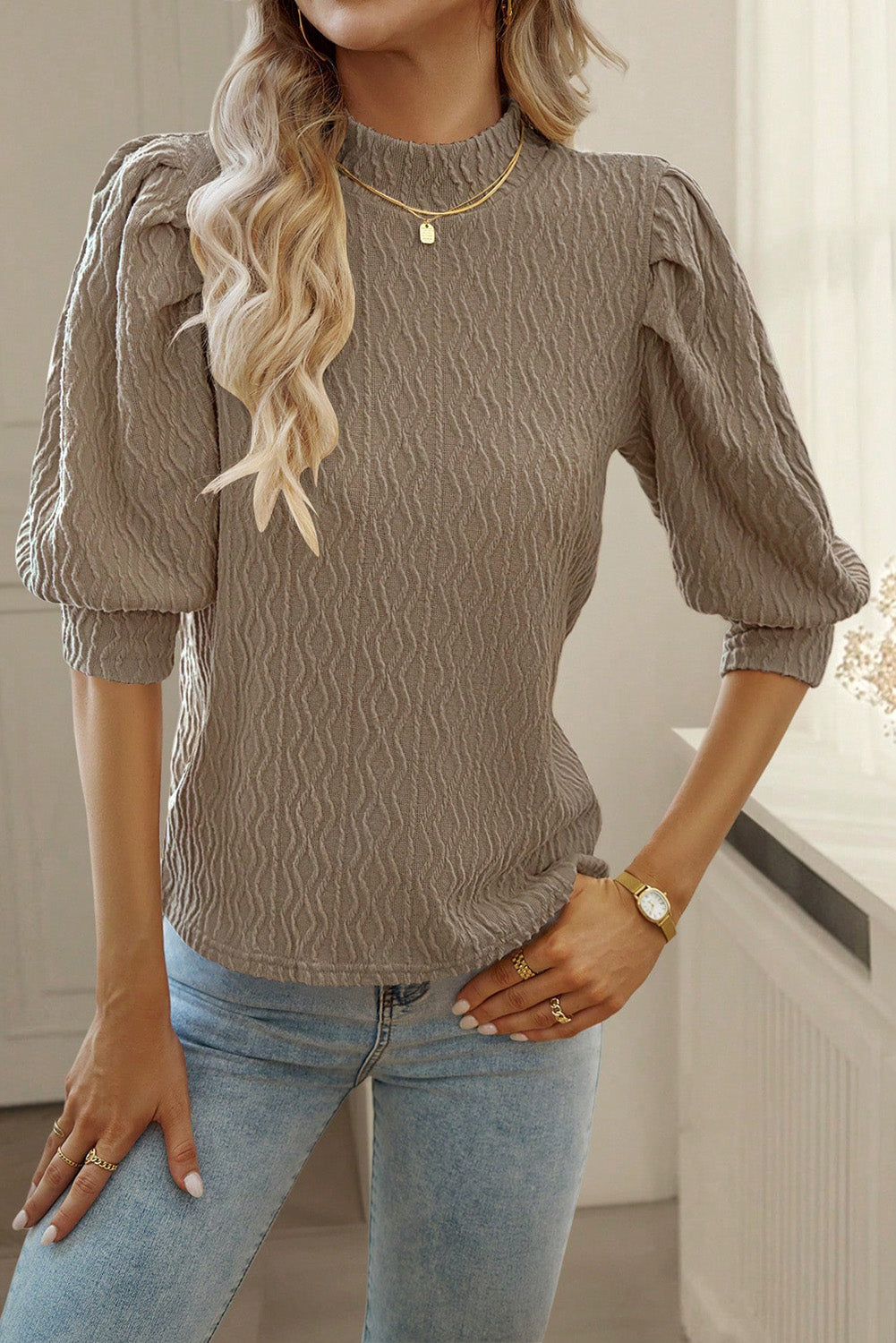 Simply Taupe Vintage Textured Puff Sleeve Mock Neck Top Tops & Tees JT's Designer Fashion