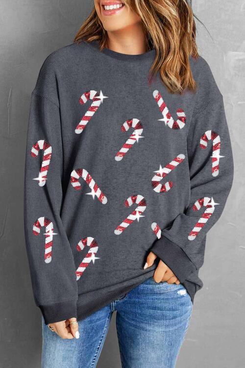 Sequin Candy Cane Round Neck Sweatshirt Graphic Sweatshirts JT's Designer Fashion