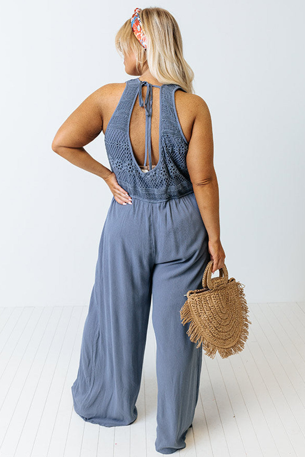 Blue Tie Back Crochet Tank Casual Plus Size Jumpsuit Plus Size Bottoms JT's Designer Fashion