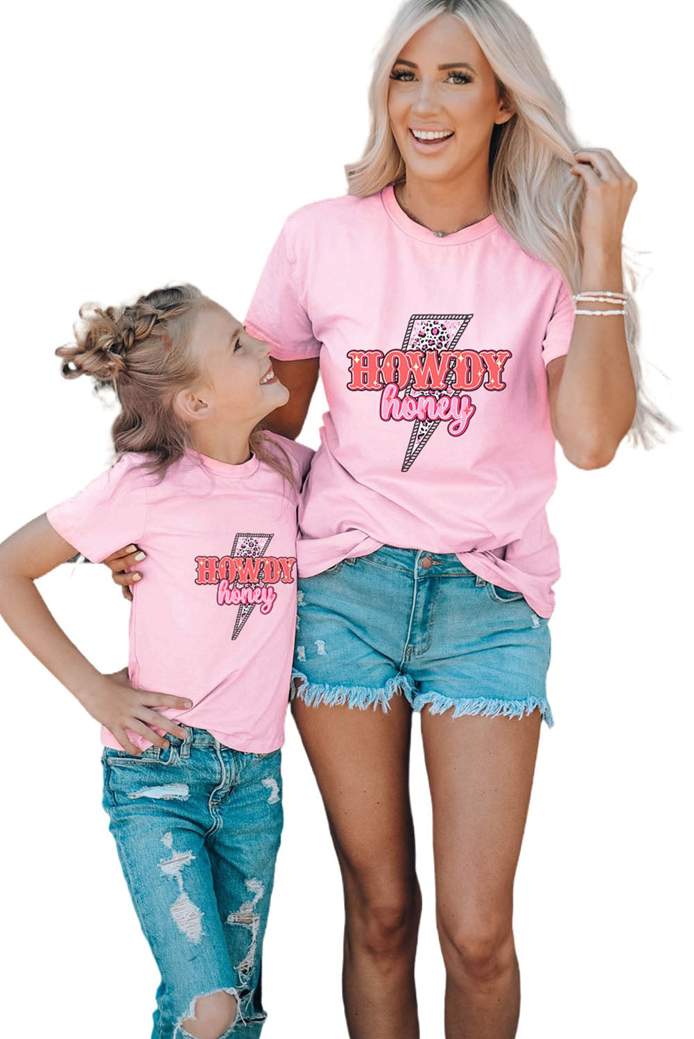 Pink Family Matching HOWDY Honey Lightning Print Graphic T Shirt Family T-shirts JT's Designer Fashion