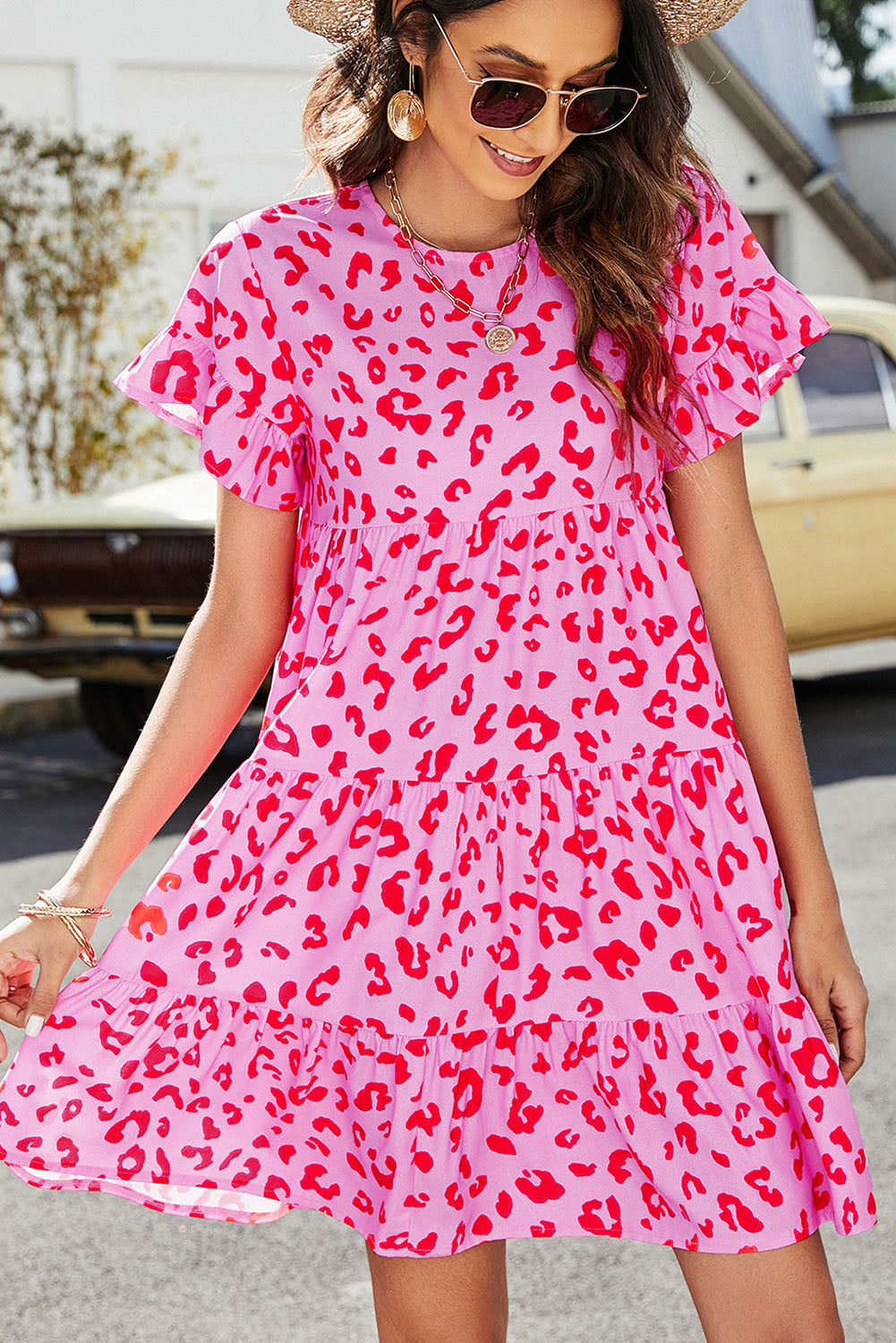 Pink Leopard Print Ruffle Short Sleeve Tiered Dress Mini Dresses JT's Designer Fashion