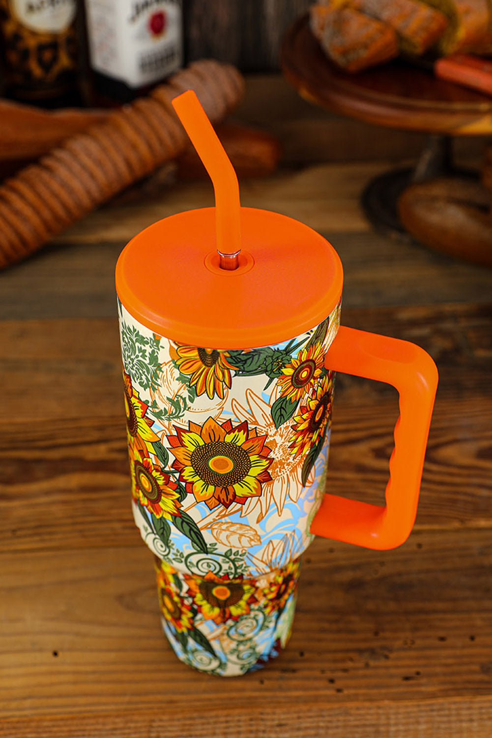 Orange 40oz Sunflower Dragonfly Print Stainless Tumbler Tumblers JT's Designer Fashion