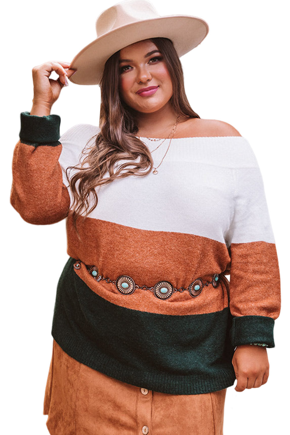 Brown Plus Size Ribbed Trim Color Block Tiered Sweater Plus Size JT's Designer Fashion