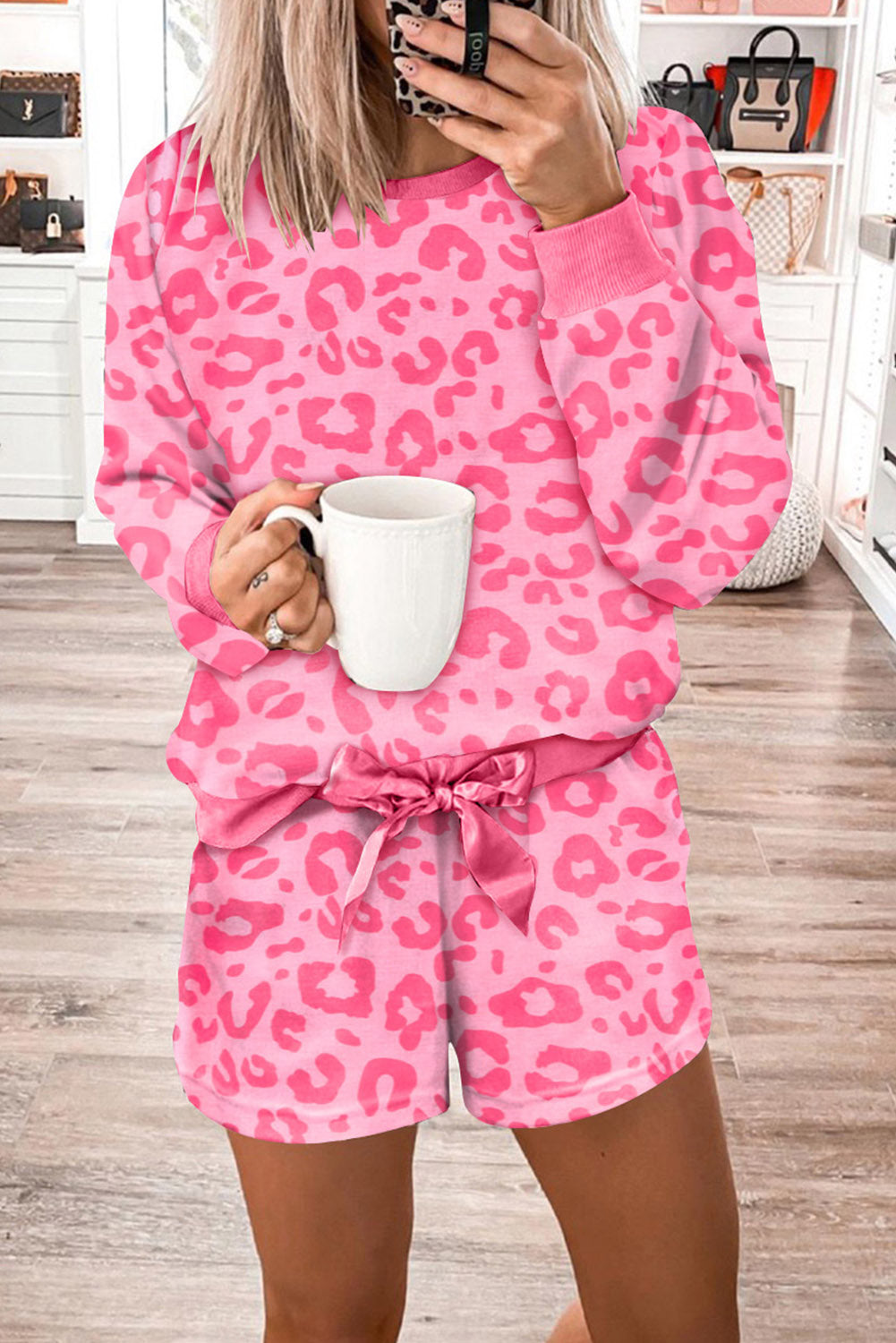 Barbie Style Pink Leopard Long Sleeve Satin Tie Shorts Two Piece Set Loungewear JT's Designer Fashion