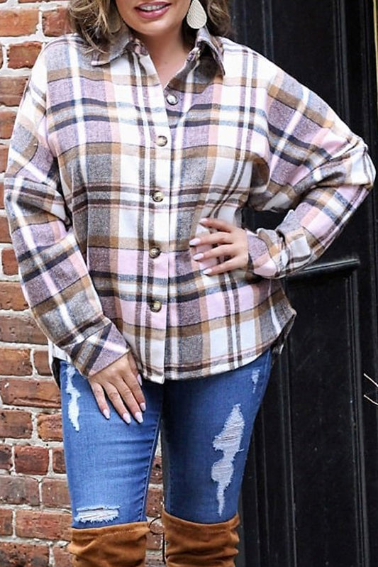 Pink Plus Size Plaid Fringed Back Button Shacket Plus Size JT's Designer Fashion