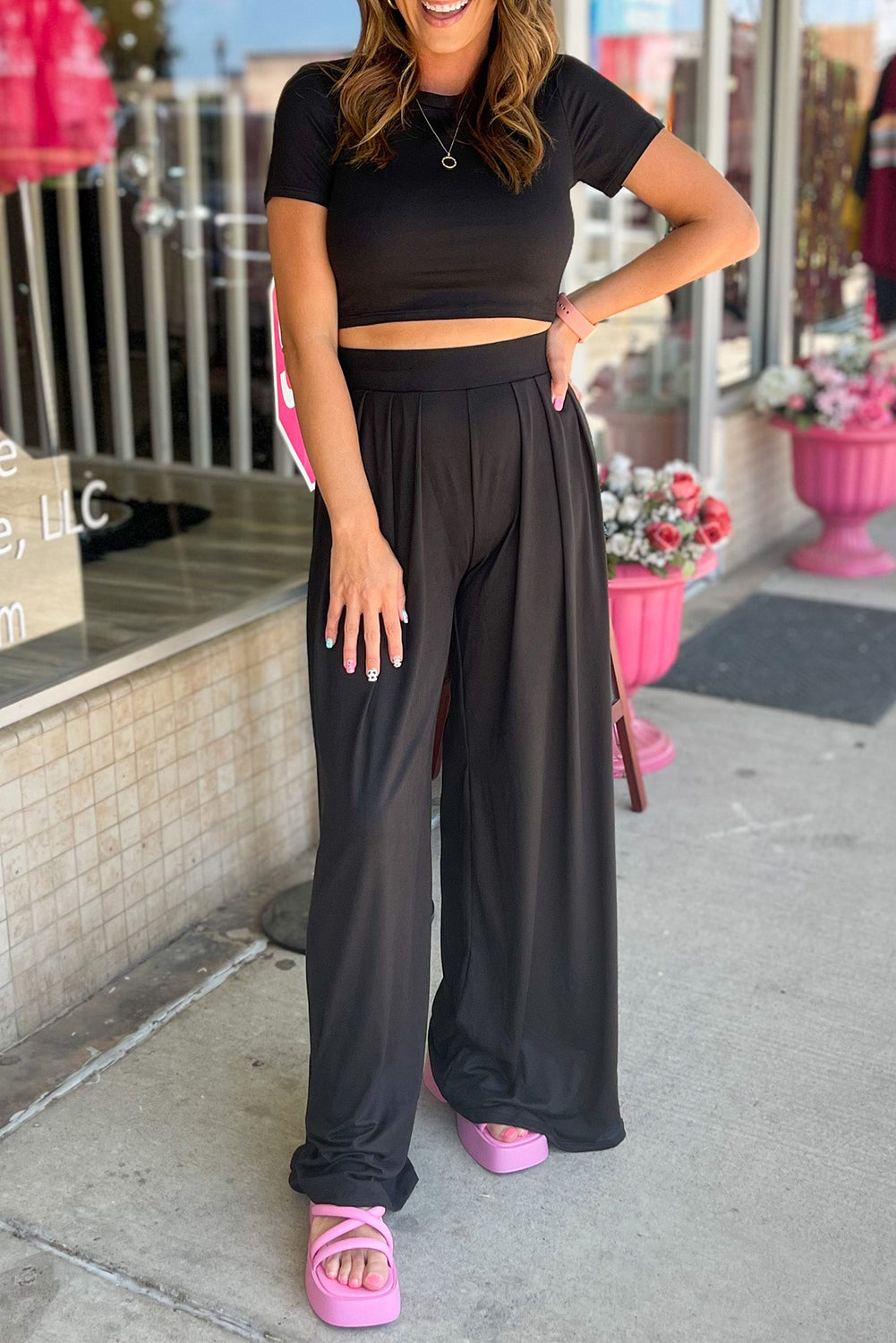 Black Solid Color Slim Fit Crop Top and Wide Leg Pants Set Bottoms JT's Designer Fashion