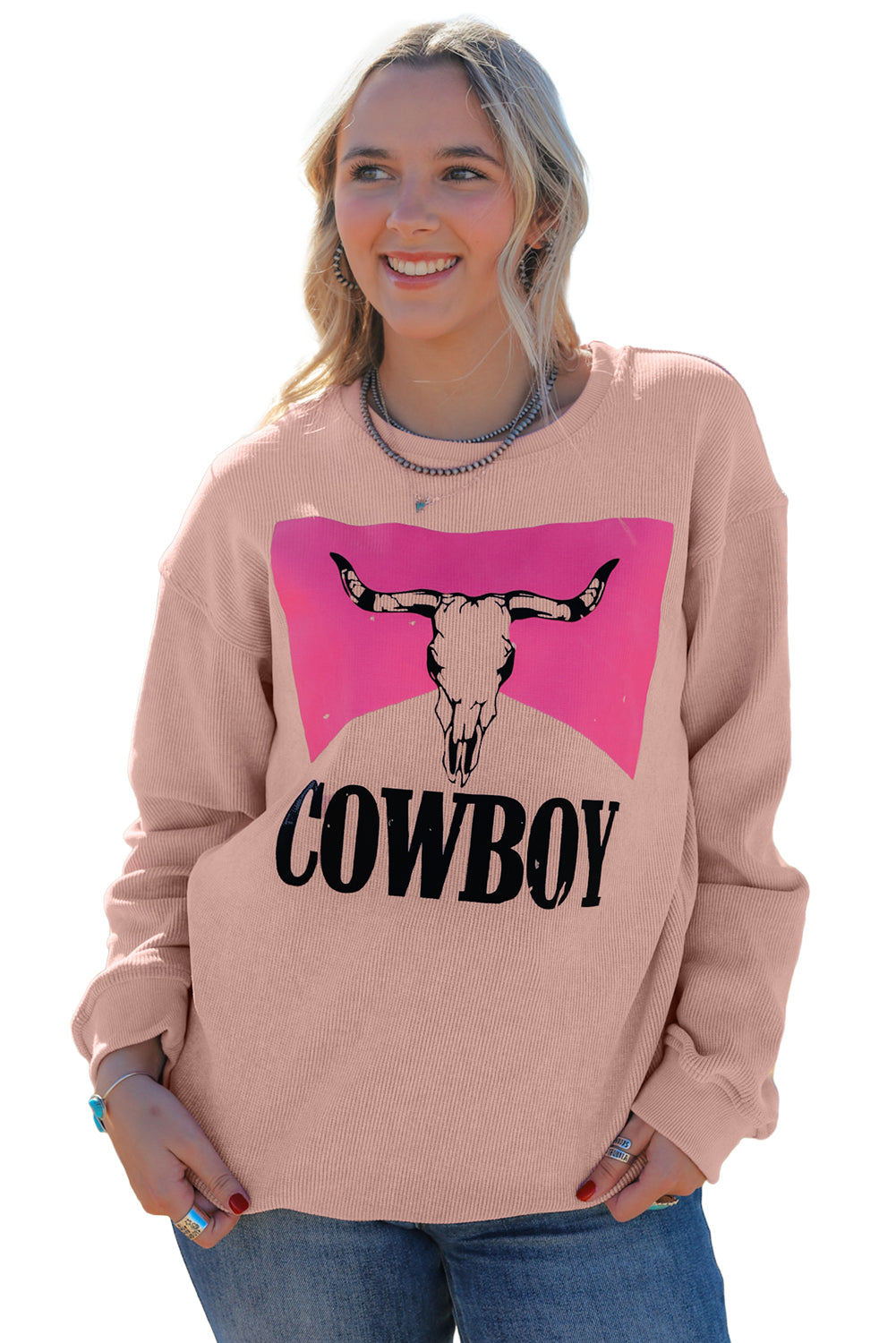 Pink Steer Head Cowboy Print Corded Pullover Sweatshirt Graphic Sweatshirts JT's Designer Fashion