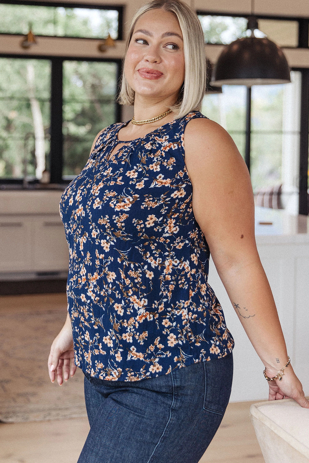 Blue Floral Keyhole Round Neck Plus Size Tank Top Plus Size JT's Designer Fashion