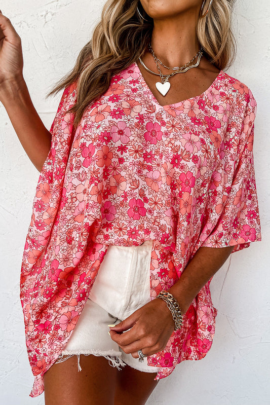 Pink Boho Floral V Neck Kimono Style Blouse Tops & Tees JT's Designer Fashion