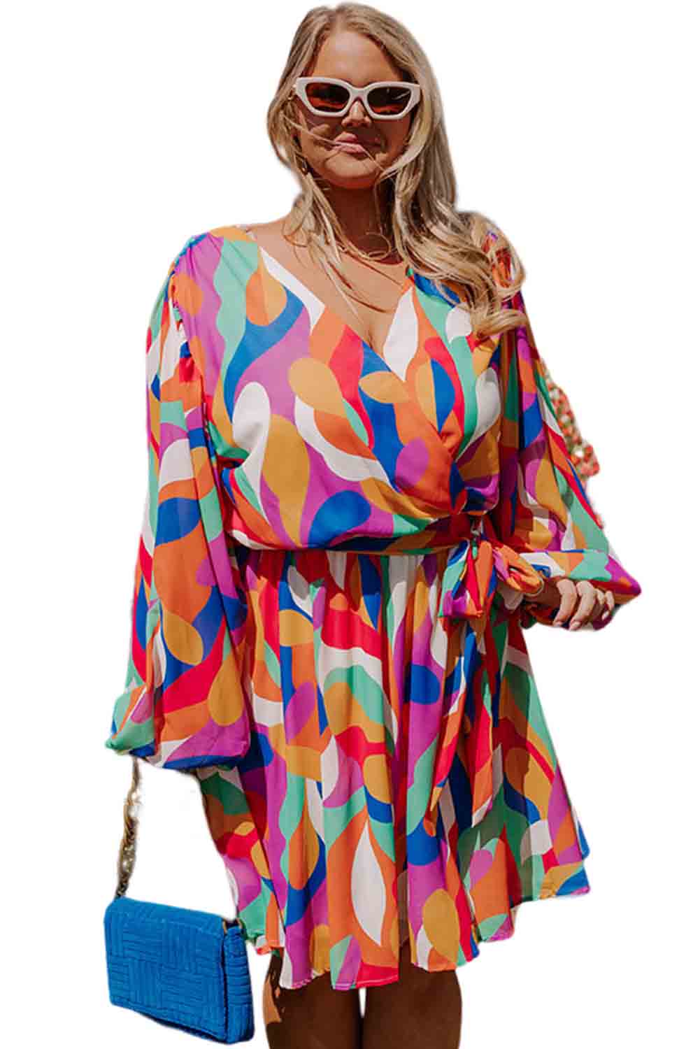 Multicolor Plus Size Abstract Print Wrap V Neck Bubble Sleeve Dress Dresses JT's Designer Fashion