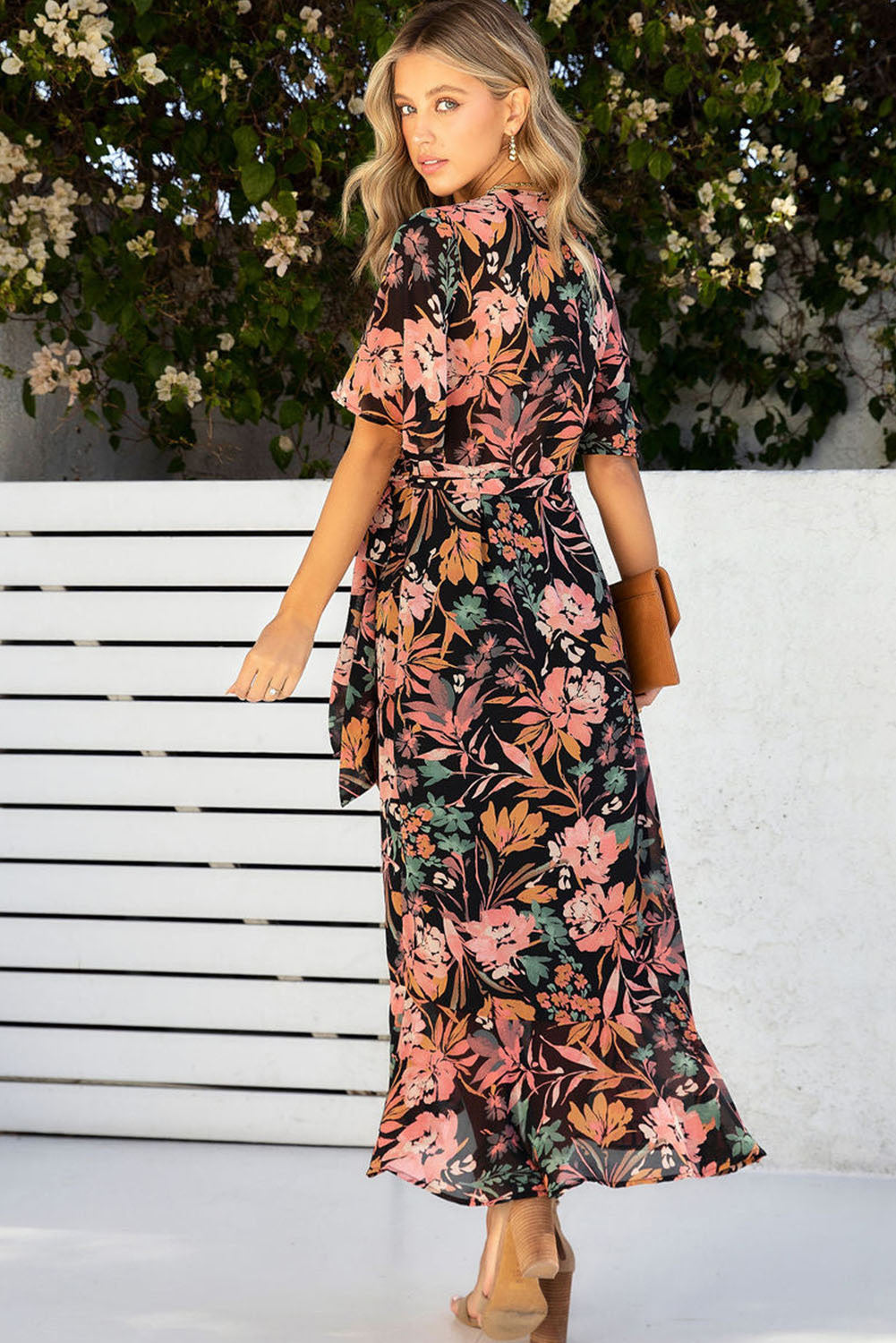 Black Floral Print Knotted Wrapped V Neck Maxi Dress Floral Dresses JT's Designer Fashion