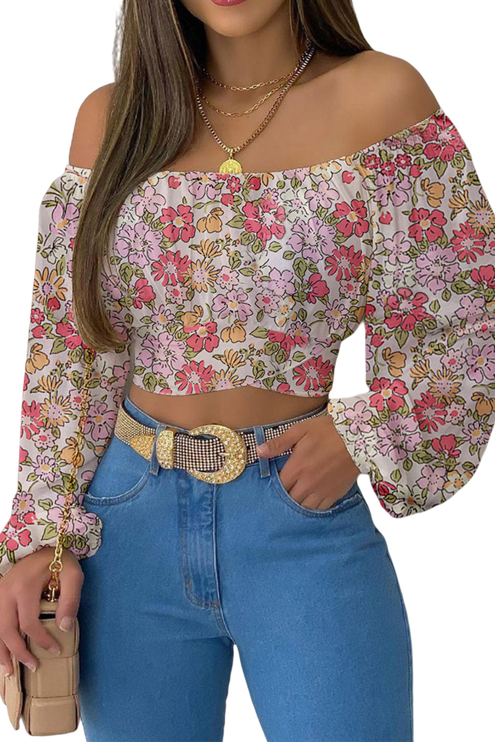 Multicolor Floral Off Shoulder Wrapped Hem Crop Top Tops & Tees JT's Designer Fashion