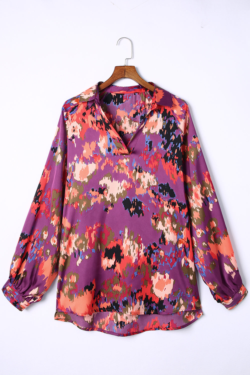 Purple Plus Size Abstract Print V-Neck Long Sleeve Blouse Plus Size JT's Designer Fashion