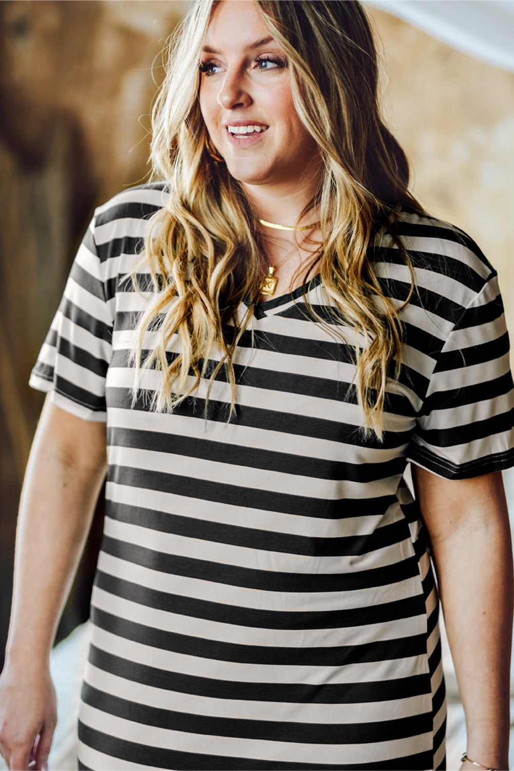 Black Plus Size Striped Print Long T-shirt Dress Plus Size Dresses JT's Designer Fashion