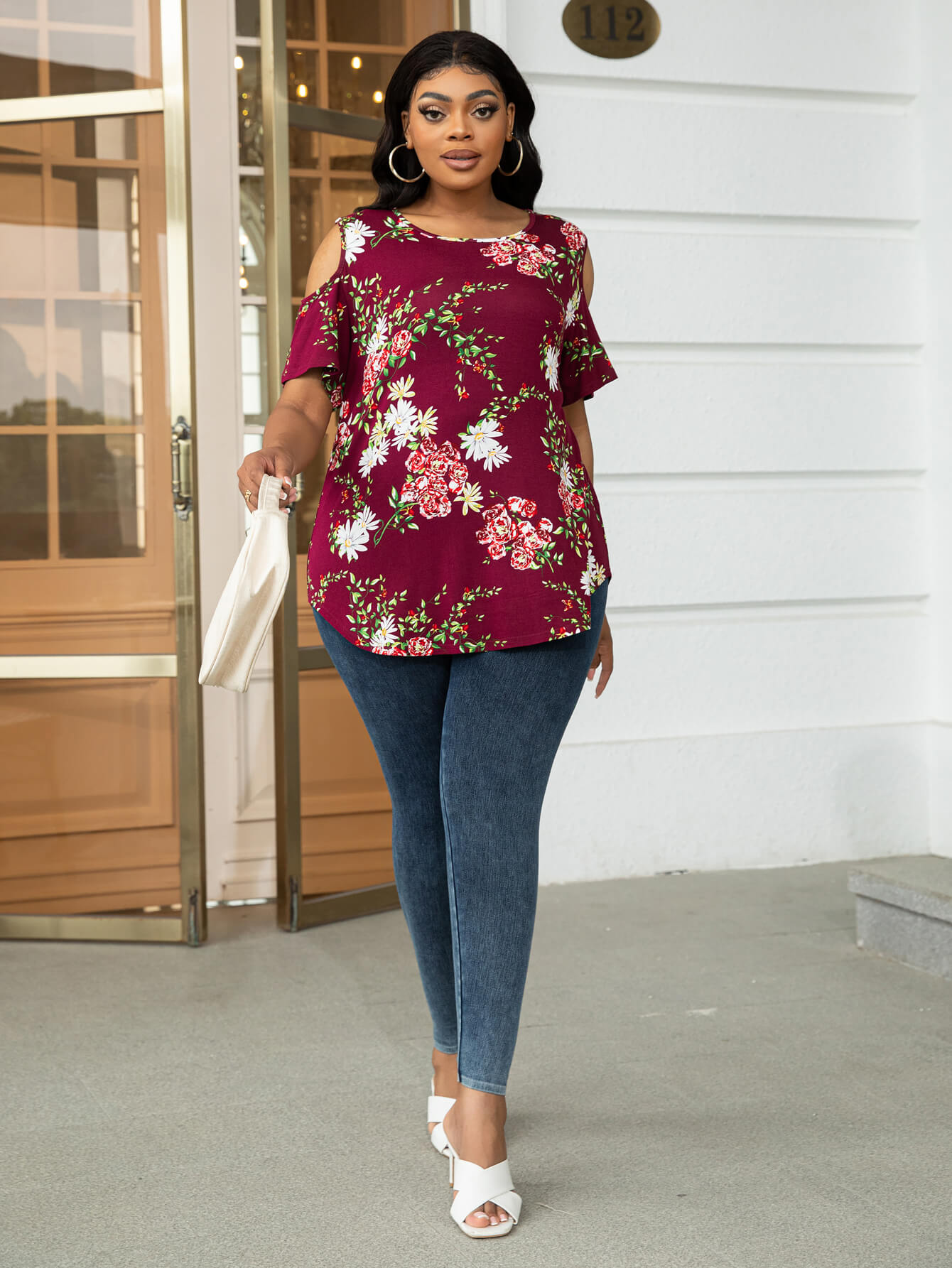 Plus Size Cold-Shoulder Round Neck Curved Hem Tee Plus Size Tops JT's Designer Fashion