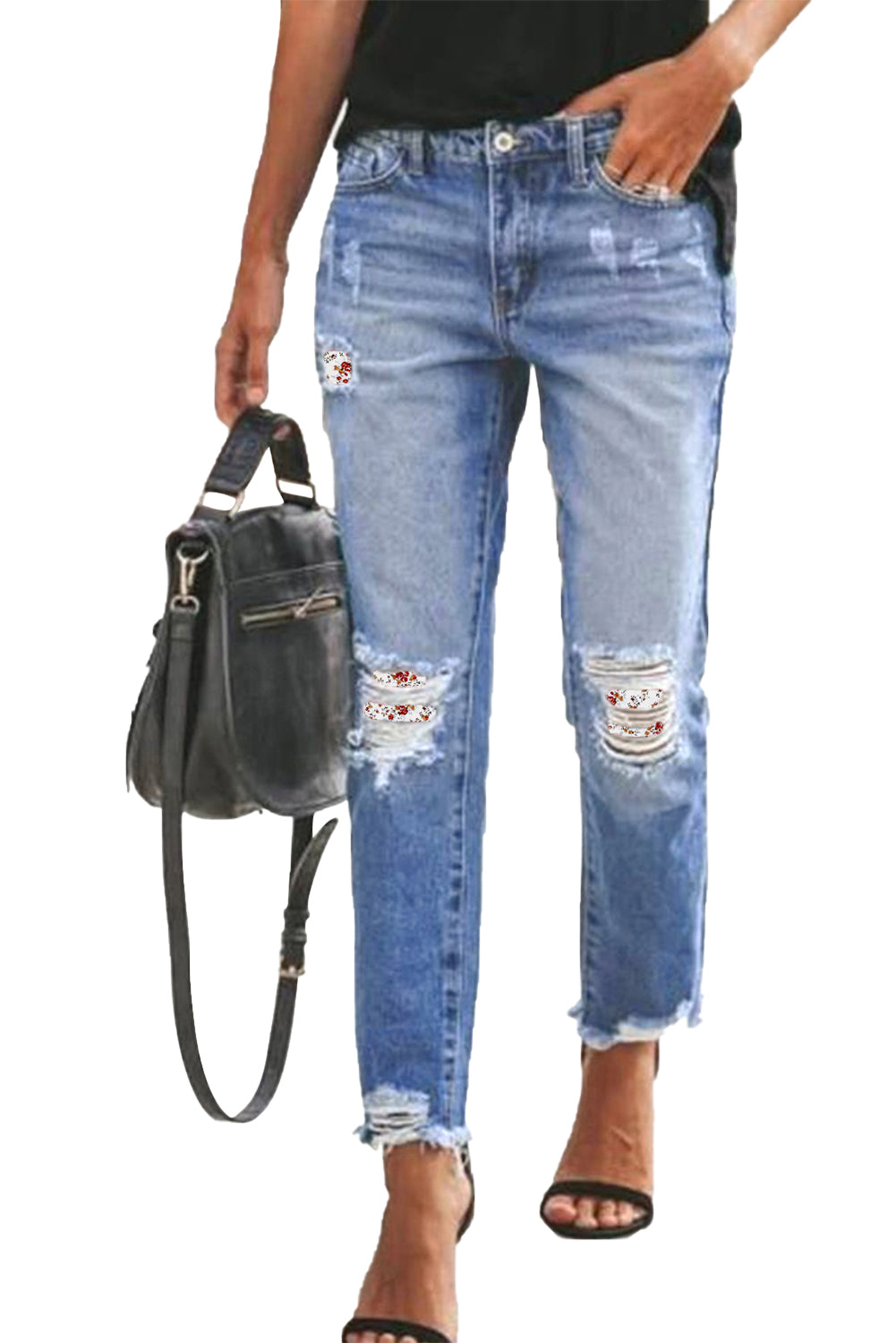 White Floral Patchwork Hollow Out Frayed Hem Ripped Jeans Jeans JT's Designer Fashion