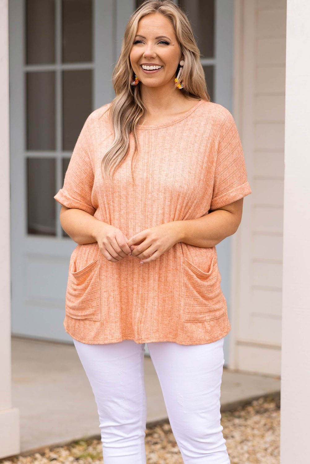 Orange Plus Size Cuffed Short Sleeve Knit Top with Pockets Plus Size JT's Designer Fashion