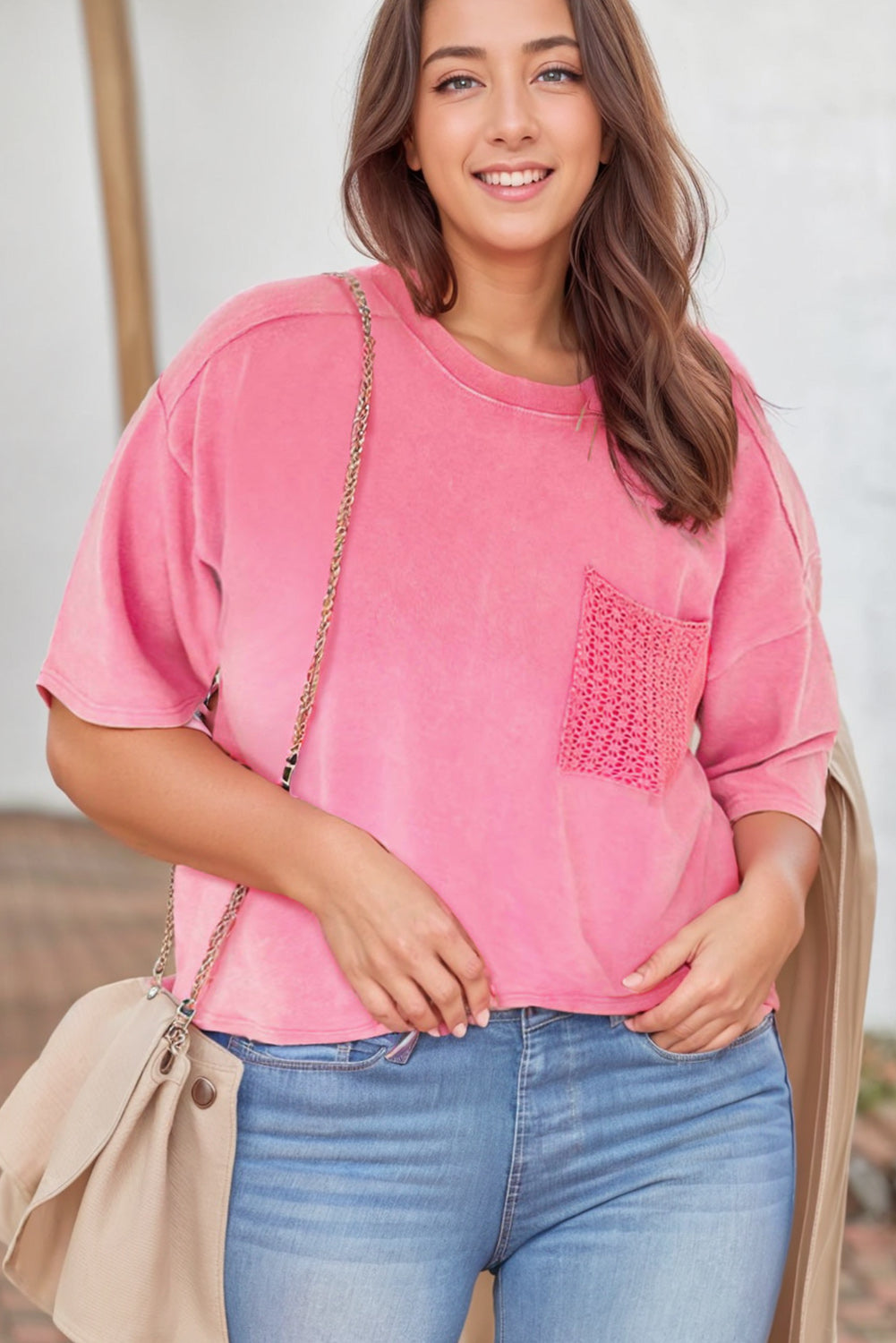 Pink Plus Size Crochet Patch Pocket Mineral Washed Tee Plus Size JT's Designer Fashion