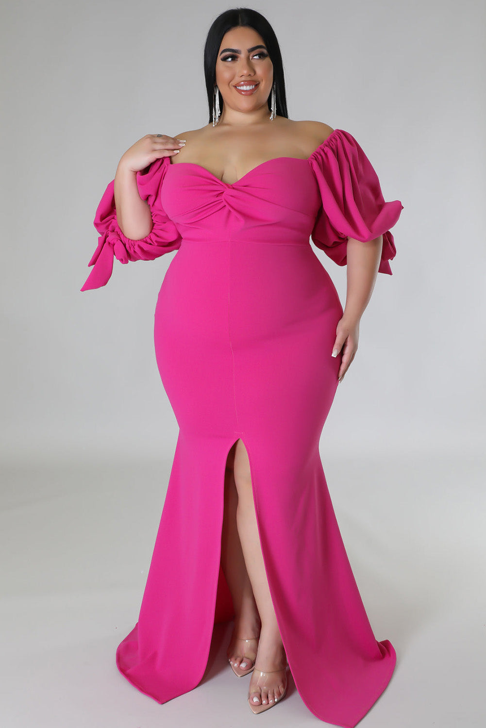 Rose Bow Tie Puff Sleeve Plus Size High Slit Maxi Dress Plus Size JT's Designer Fashion