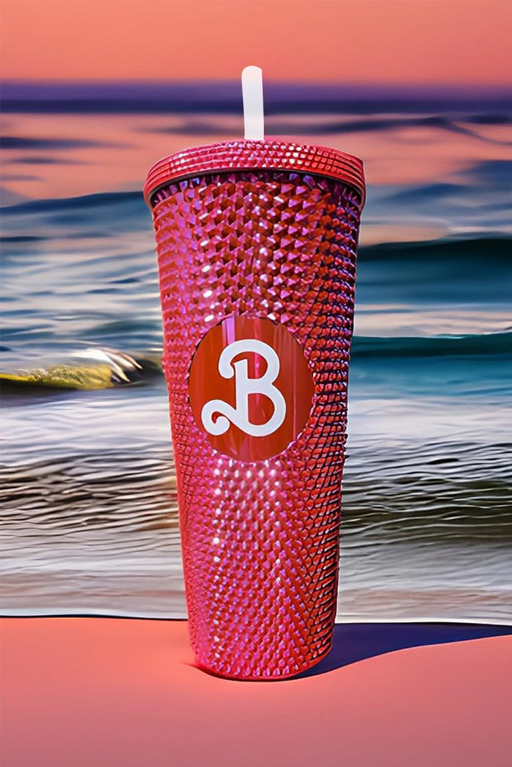 Rose Red Letter B Studded Tumbler with Straw Tumblers JT's Designer Fashion