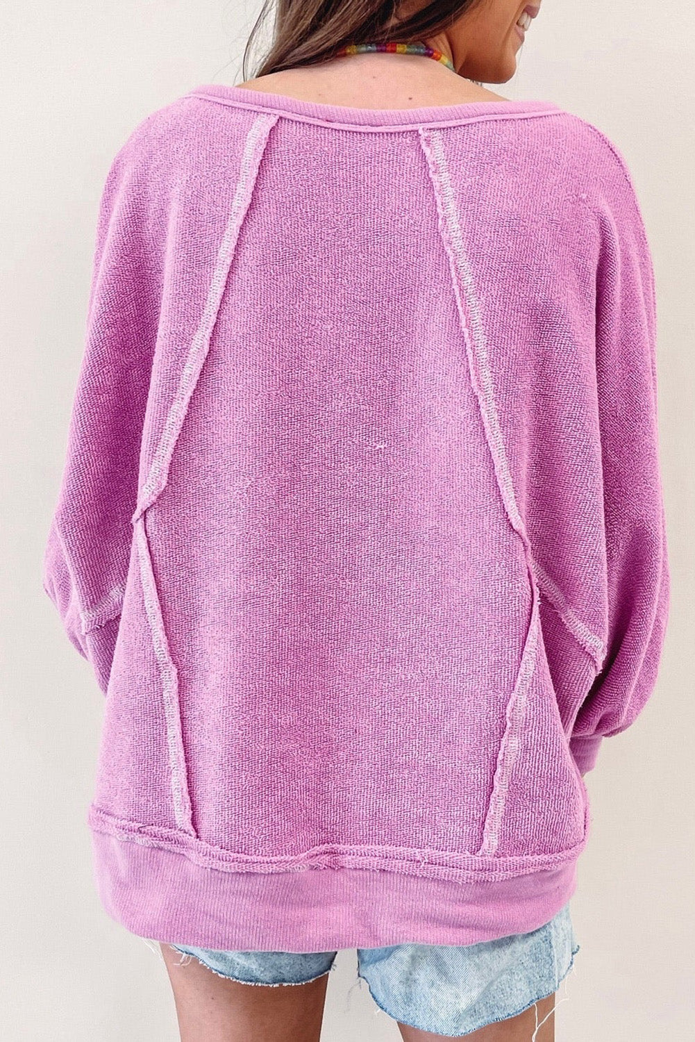 Pink Expose Seam Detail Terry Pullover Tops & Tees JT's Designer Fashion