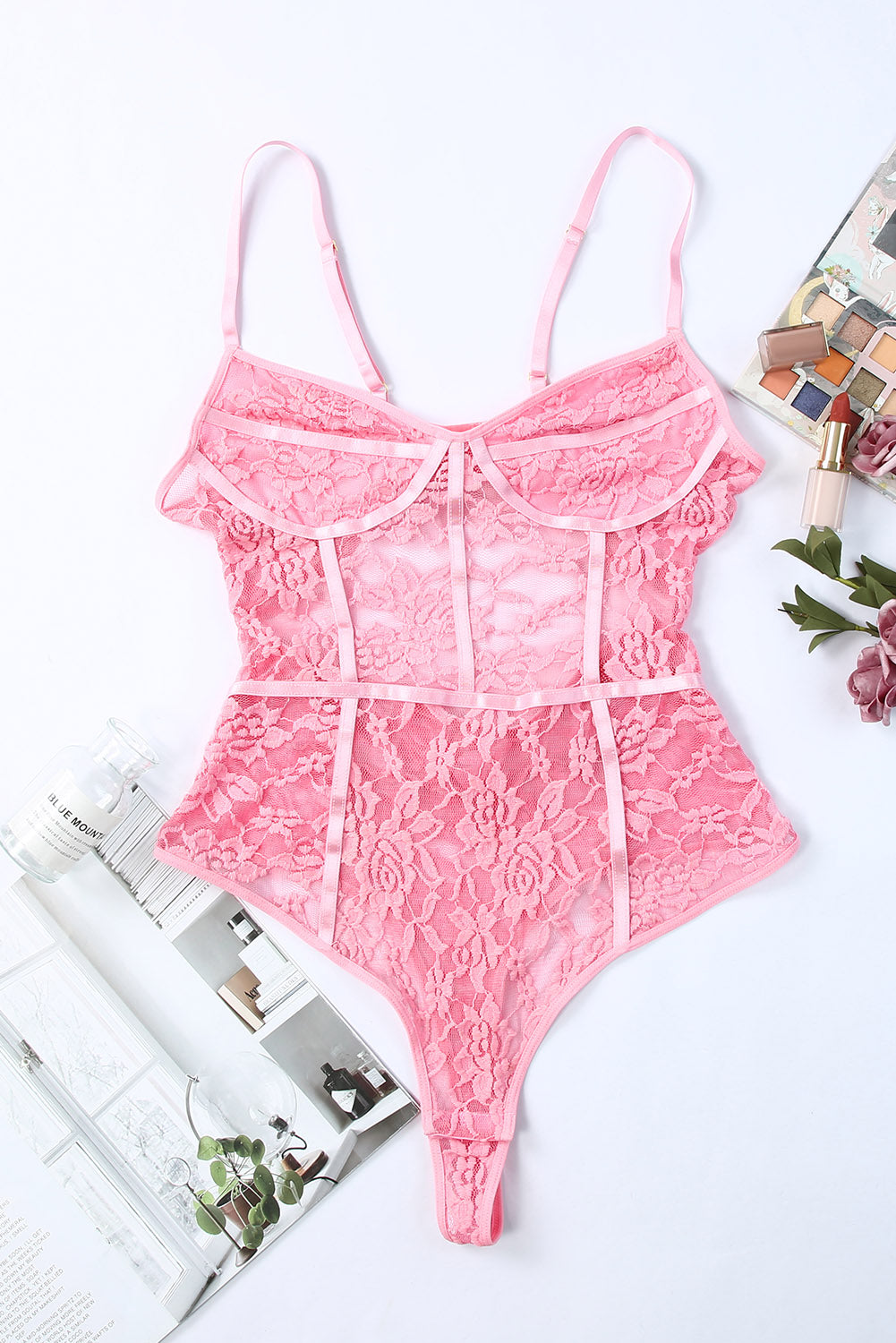 Pink Spaghetti Straps Floral Lace Crochet Teddy Lingerie Teddy Lingerie JT's Designer Fashion