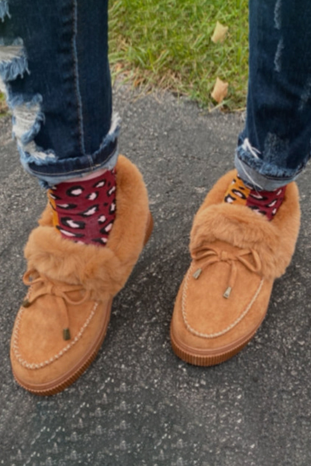 Brown Bow Decor Faux Suede Plush Lined Winter Flats Women's Shoes JT's Designer Fashion