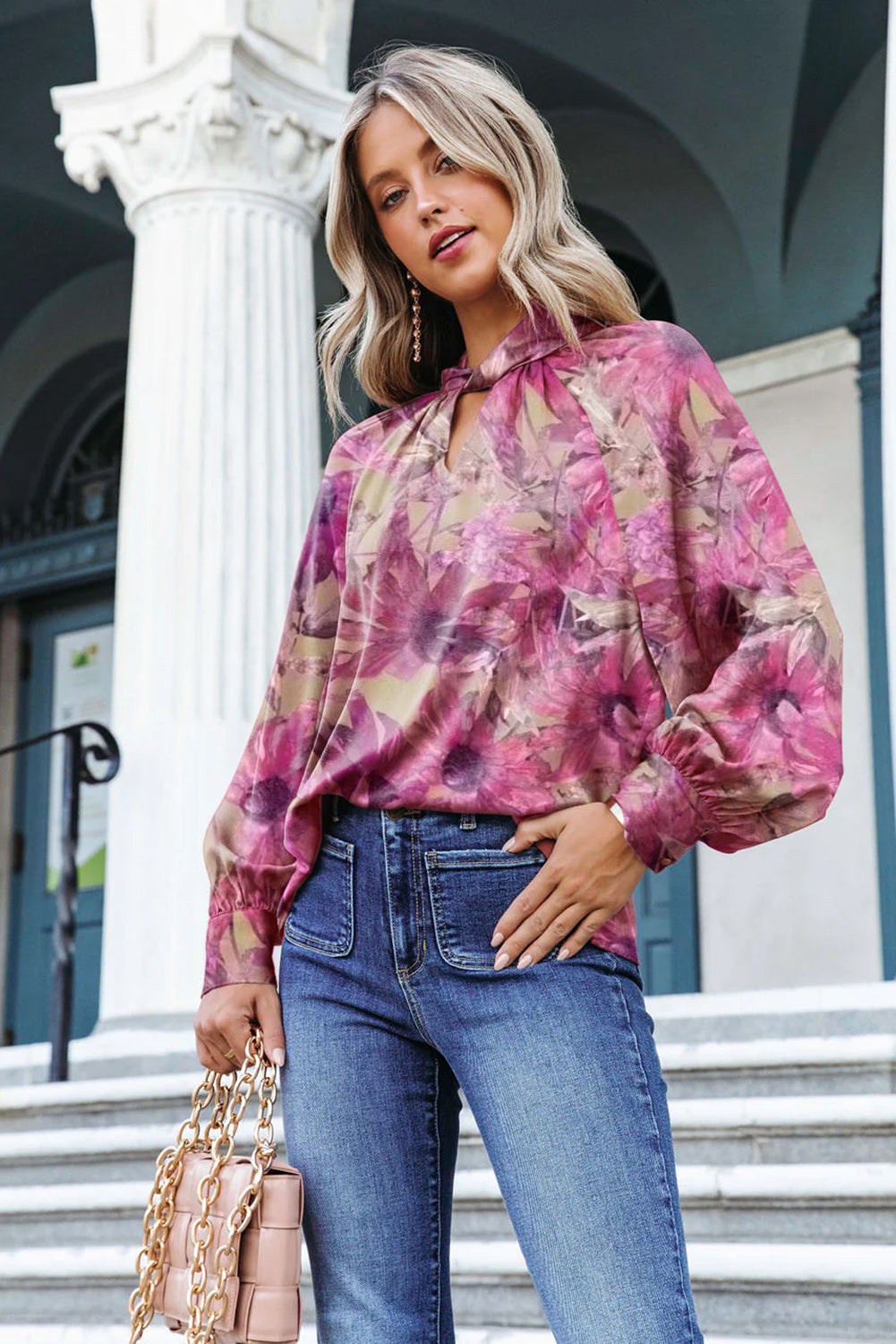 Purple Twist Cutout Neck Floral Puff Sleeve Blouse Tops & Tees JT's Designer Fashion