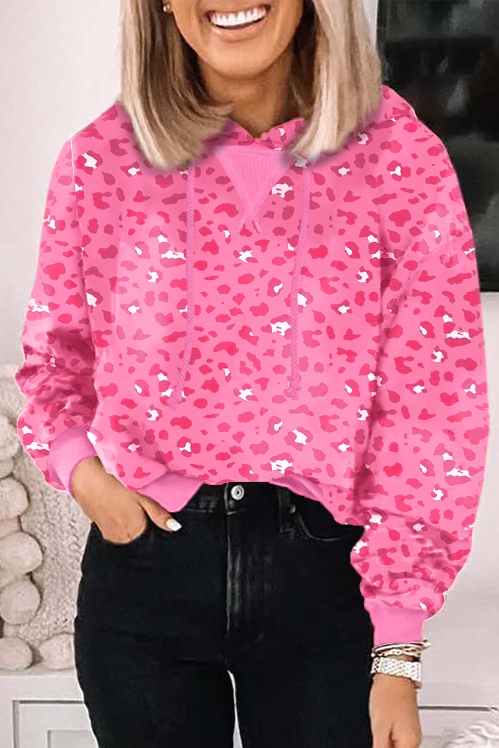 Pink Printed Long Sleeve Drawstring Cropped Hoodie Tops & Tees JT's Designer Fashion