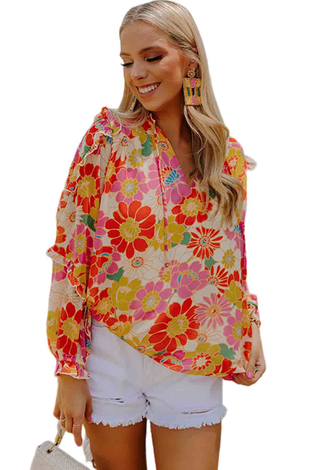 Orange Frilled Long Puff Sleeve Sweet Floral Blouse Tops & Tees JT's Designer Fashion