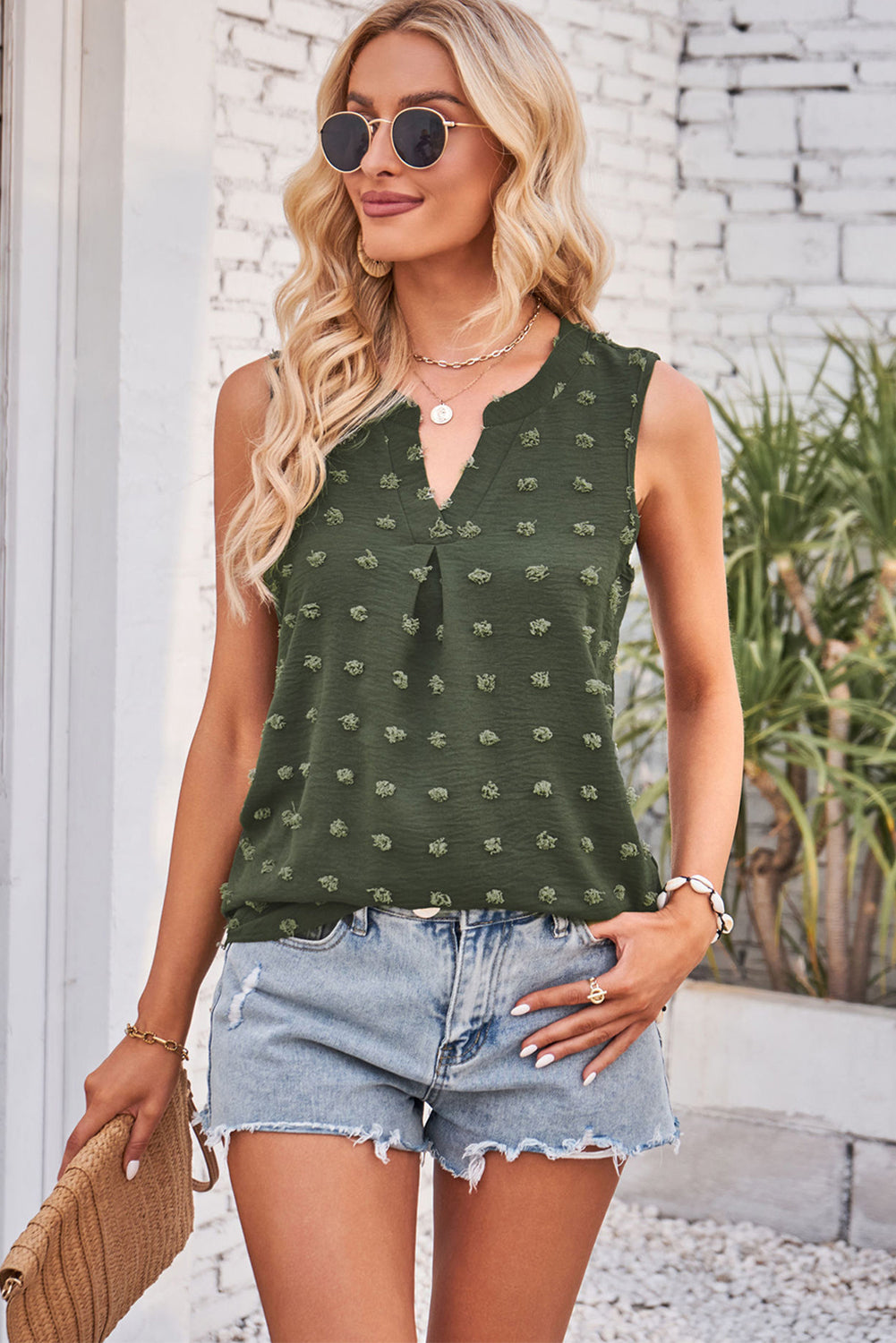 Green Pompom Embellished Notched V Neck Tank Top Tops & Tees JT's Designer Fashion