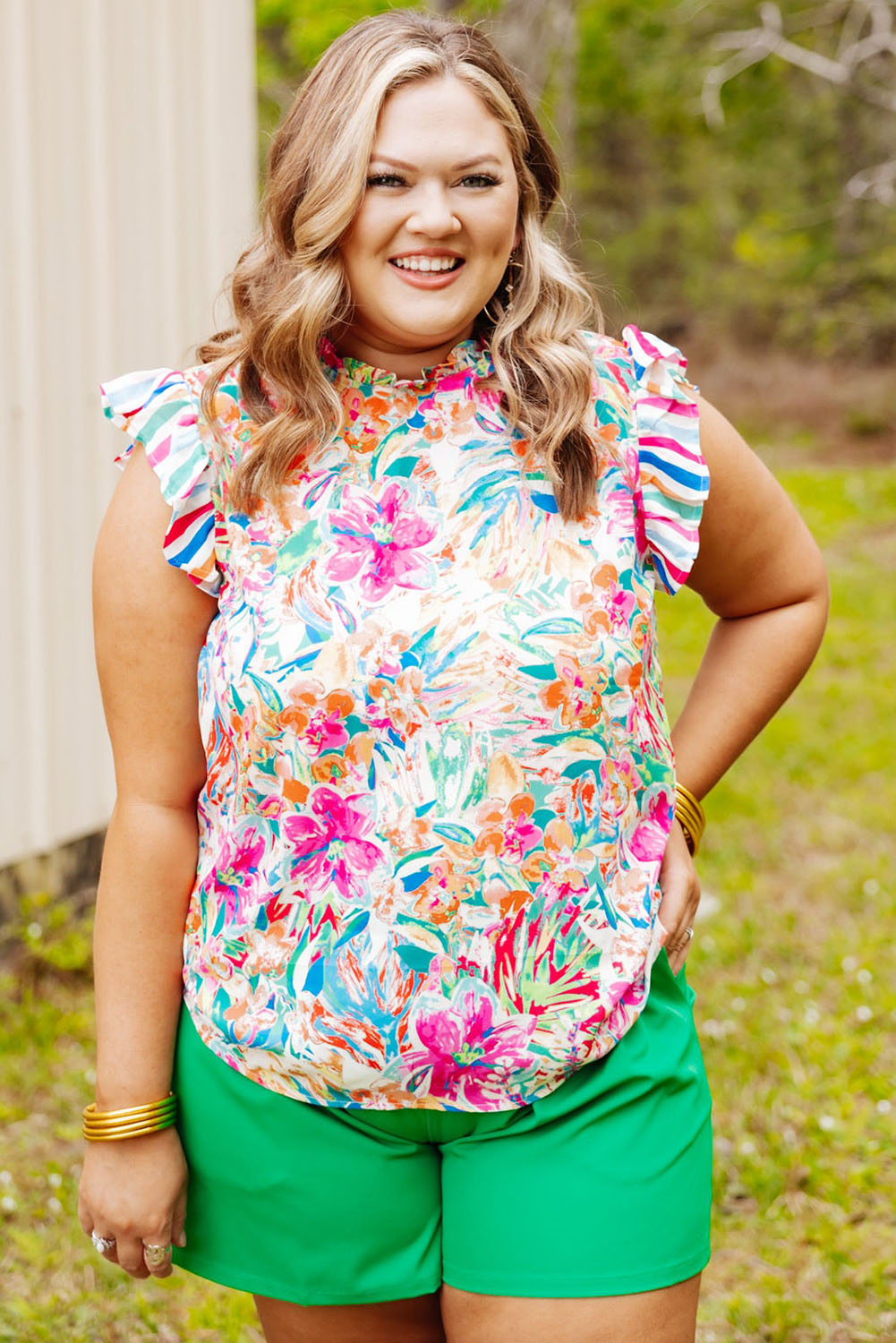 Multicolor Plus Sizie Striped Ruffle Sleeve Floral Blouse Plus Size JT's Designer Fashion