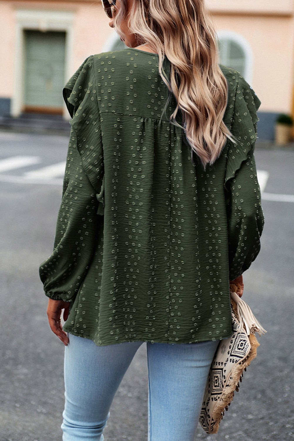 Blackish Green Lace Eyelet Ruffle Shoulder Long Sleeve Blouse Tops & Tees JT's Designer Fashion