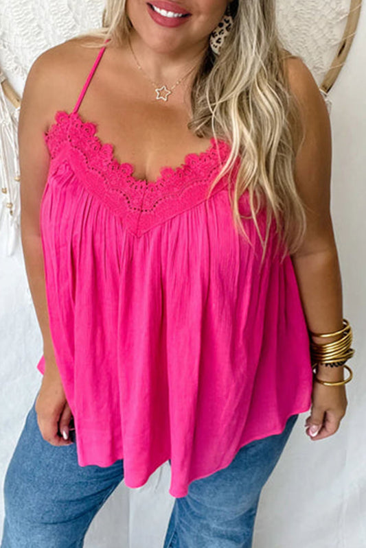 Rose Lace Patchwork Halter V Neck Plus Size Tank Top Plus Size JT's Designer Fashion