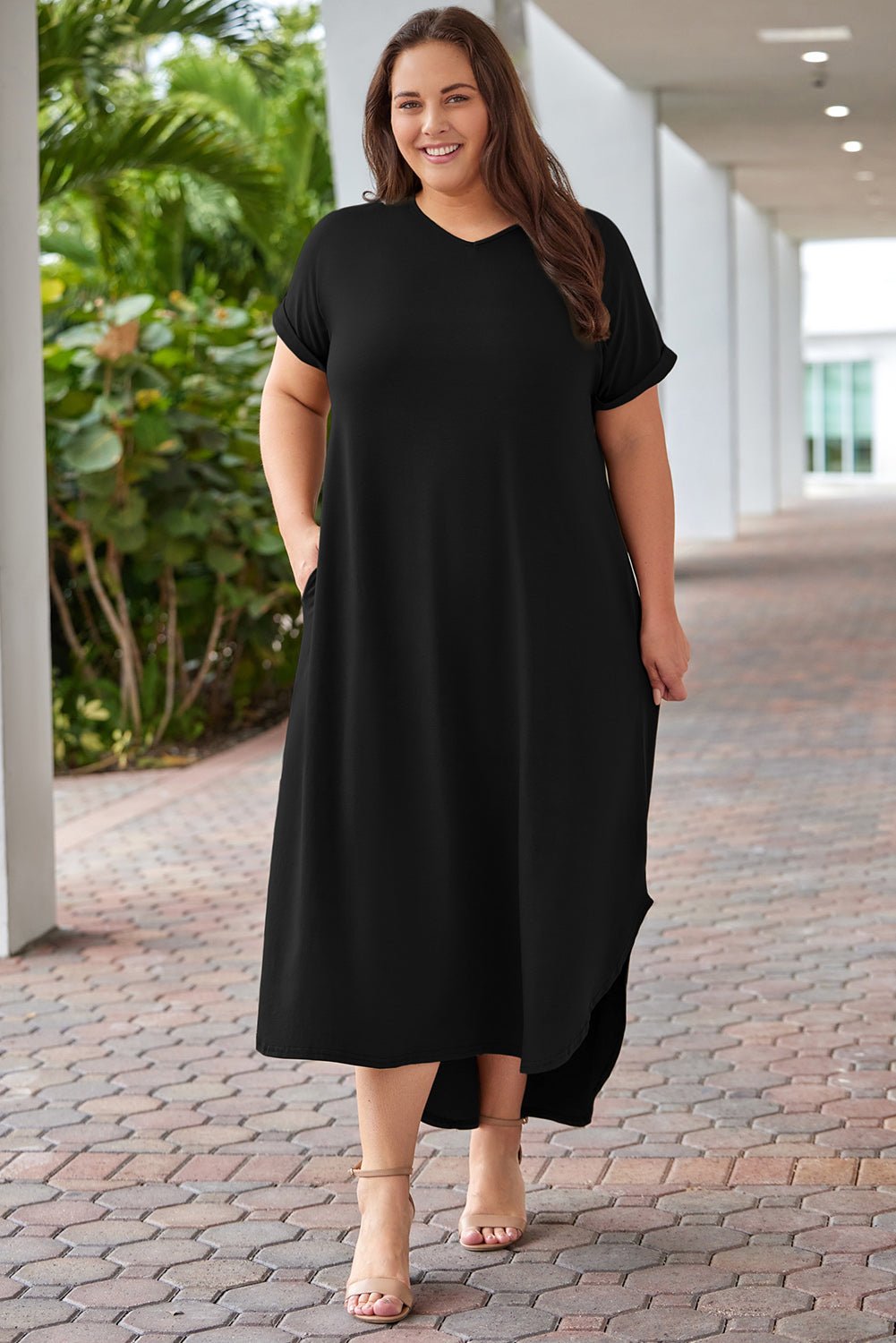 Black Plus Size V Neck Rolled Cuffs Maxi Dress Plus Size Dresses JT's Designer Fashion