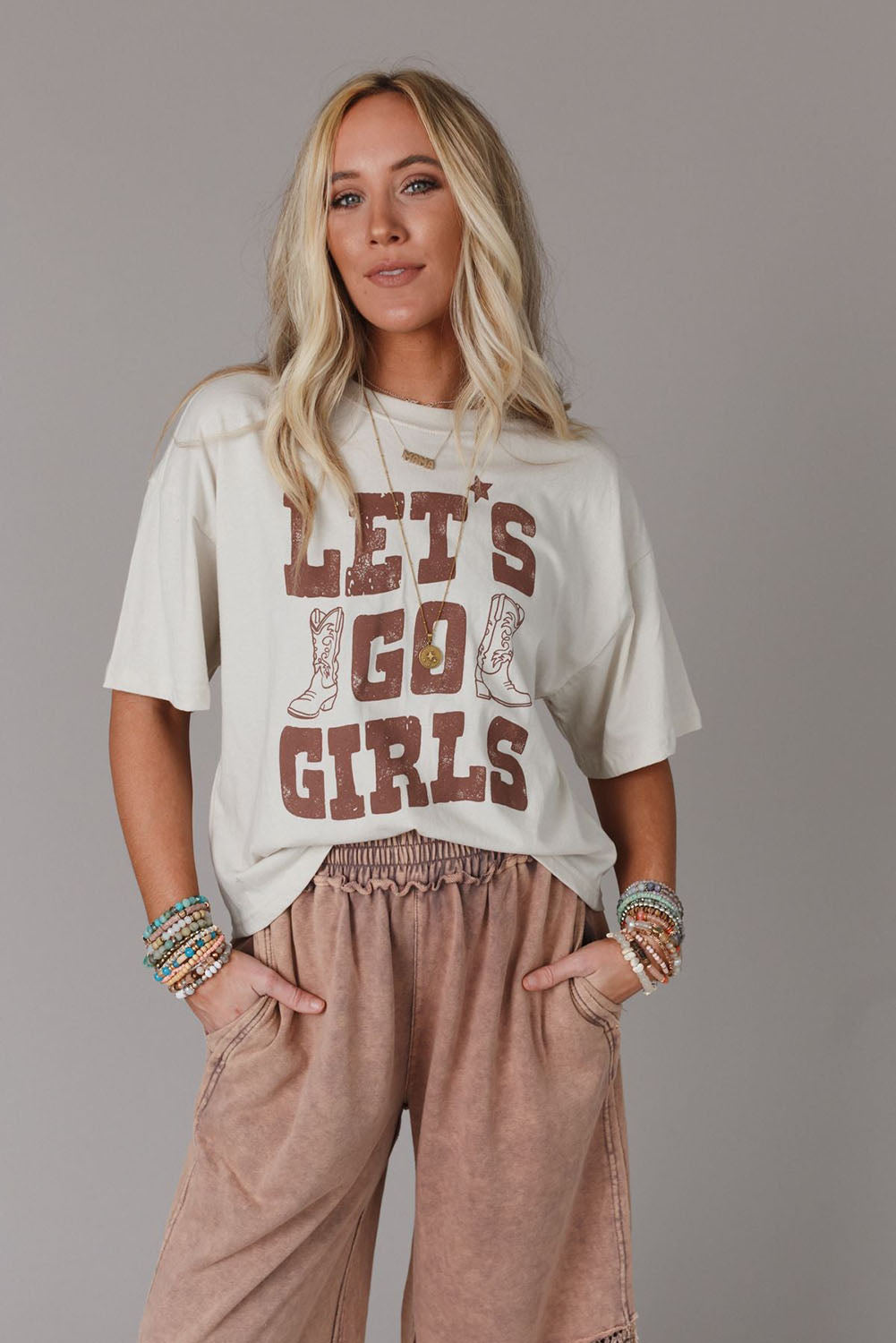 White LETS GO GIRLS Western Boots Graphic Tee Tops & Tees JT's Designer Fashion