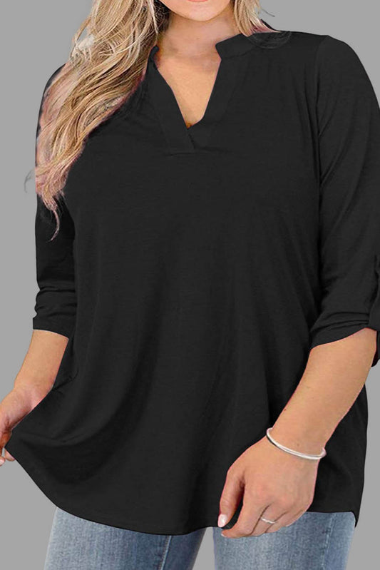 Black Split Neck Roll Tab Sleeve Plus Size Blouse Plus Size JT's Designer Fashion