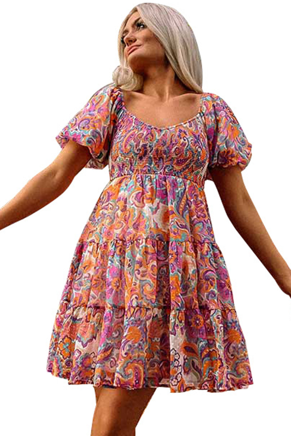 Multicolor Boho Print Smocked Ruffled Puff Sleeve Mini Dress Mini Dresses JT's Designer Fashion