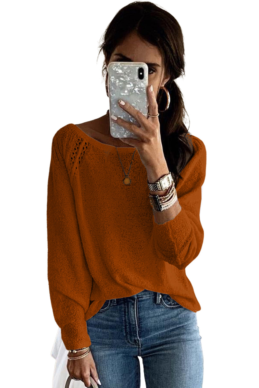 Brown White Long Sleeve Cutout Shoulder Relaxed Sweater Tops & Tees JT's Designer Fashion