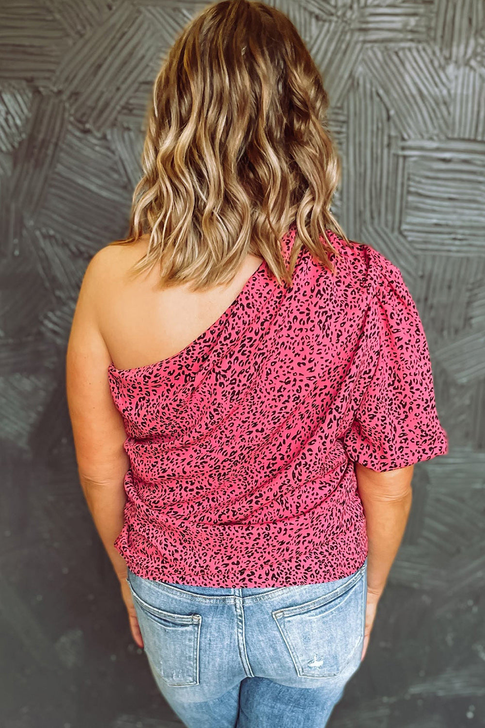 Pink Plus Slant One Shoulder Leopard Tie Drape Blouse Plus Size Tops JT's Designer Fashion