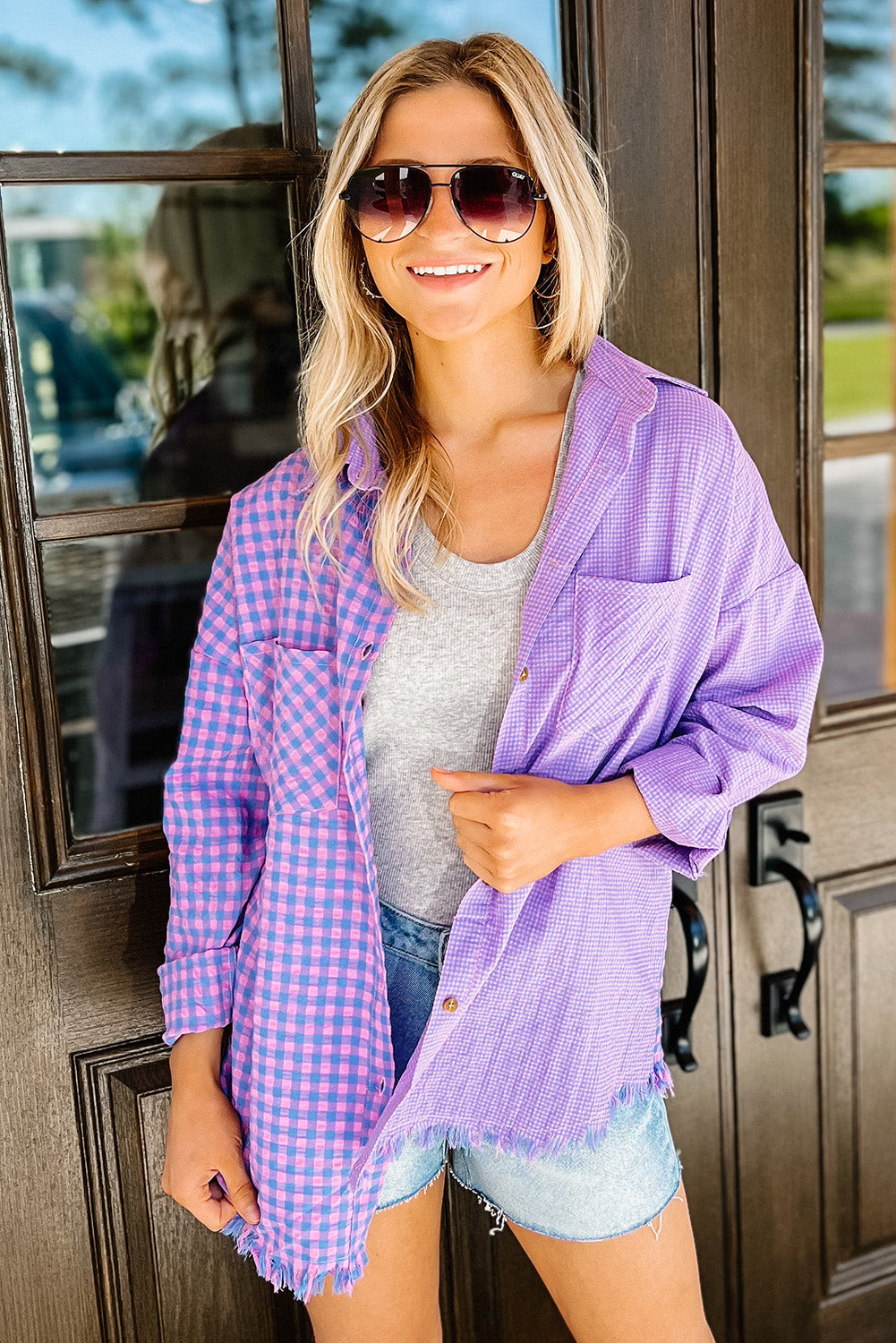 Purple Mixed Plaid Button Down Long Sleeve Chest Pocket Shirt Tops & Tees JT's Designer Fashion