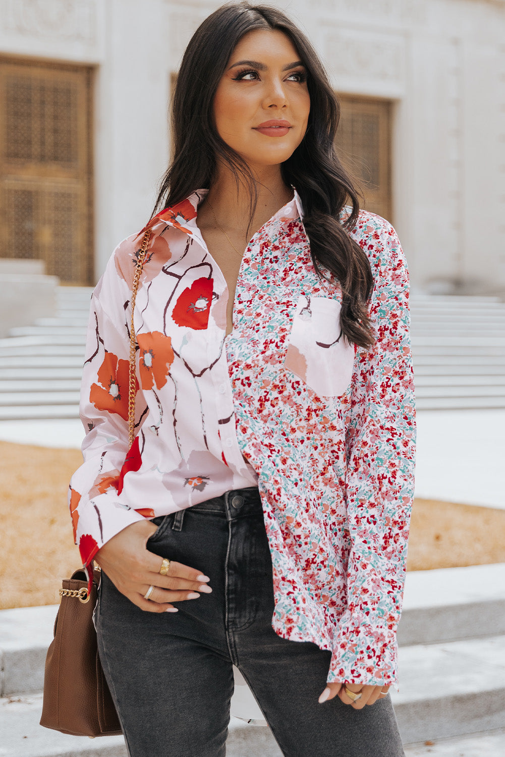 Red Floral Patchwork Buttoned Shirt with Pocket Blouses & Shirts JT's Designer Fashion