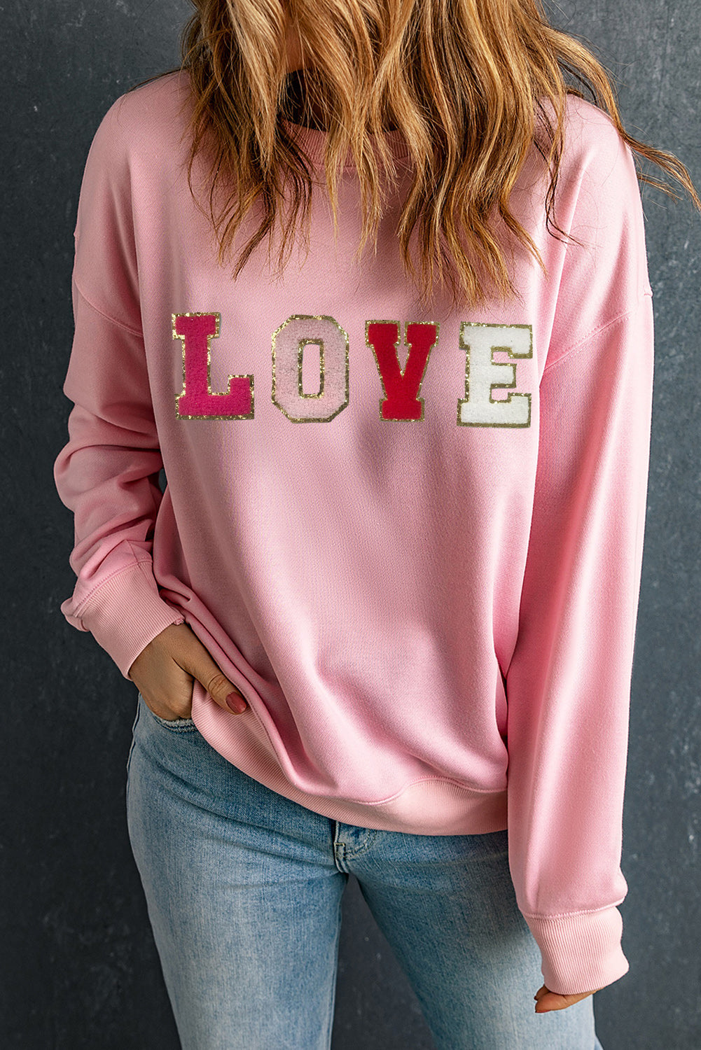 Pink Valentine LOVE Patch Sweatshirt Graphic Sweatshirts JT's Designer Fashion