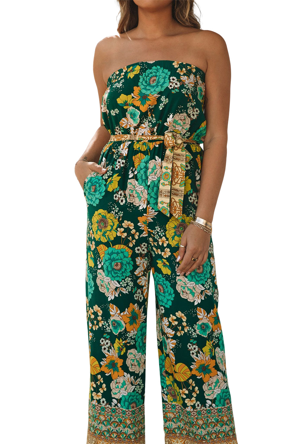 Green Boho Floral Belted Strapless Jumpsuit Jumpsuits & Rompers JT's Designer Fashion